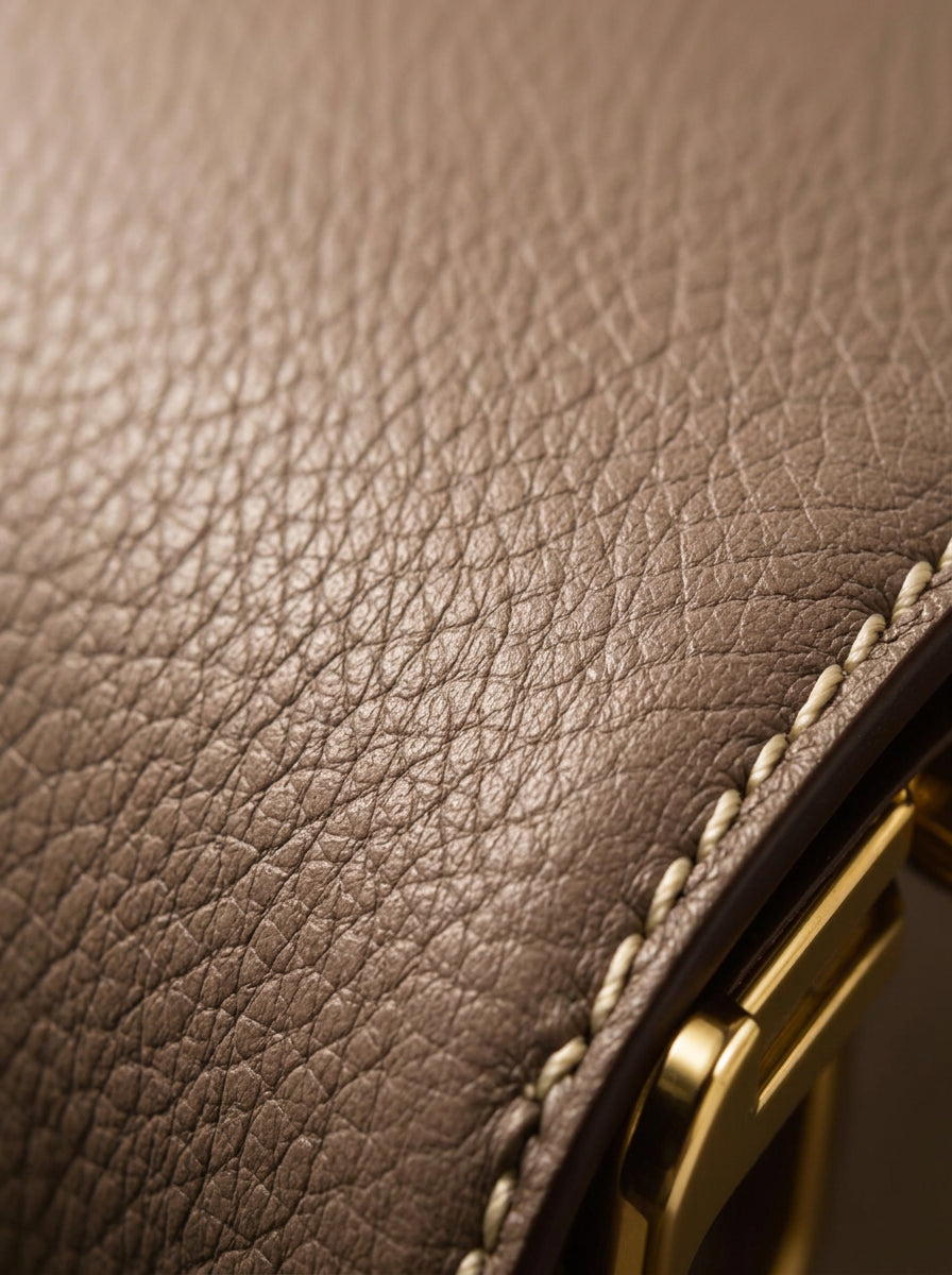 Détail cuir grainé et finition dorée Maison Hutia